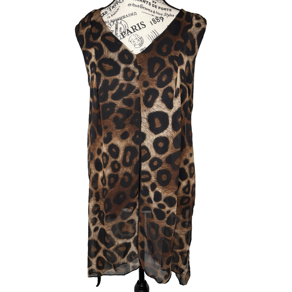 Adele & May Women’s Black Tank Top With Attached Long Animal Print Scarf Panels